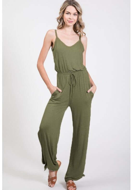 Ladies Trendy Tank Style V-Neck Jumpsuit With Tie Hem in Army Green | Made in USA | Classy Cozy Cool Women's Made in America Boutique