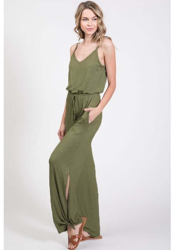 Ladies Trendy Tank Style V-Neck Jumpsuit With Tie Hem in Army Green | Made in USA | Classy Cozy Cool Women's Made in America Boutique