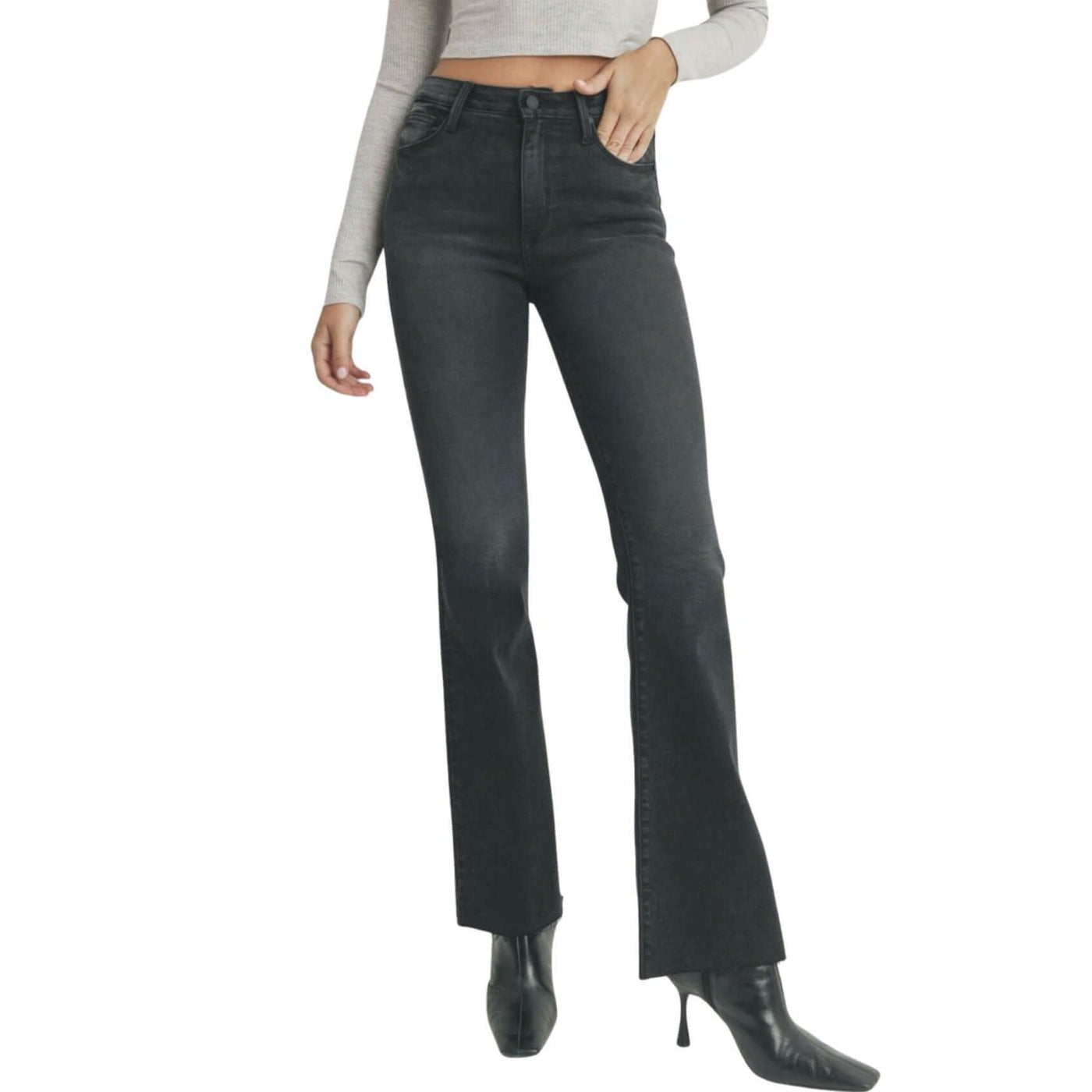 Just Black Denim Style# BP333J | Women's Fall Flare Washed Black Denim Jeans with Scissor Cut Hem | Made in USA | Classy Cozy Cool Women's Made in America Clothing Boutique