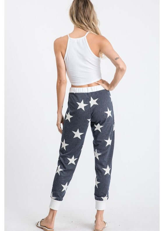 USA Made Ladies Star Print Soft & Cozy Loungewear Joggers in Navy with Off White Stars | Classy Cozy Cool Women's Made in America Clothing Boutique