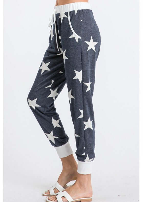 USA Made Ladies Star Print Soft & Cozy Loungewear Joggers in Navy with Off White Stars | Classy Cozy Cool Women's Made in America Clothing Boutique