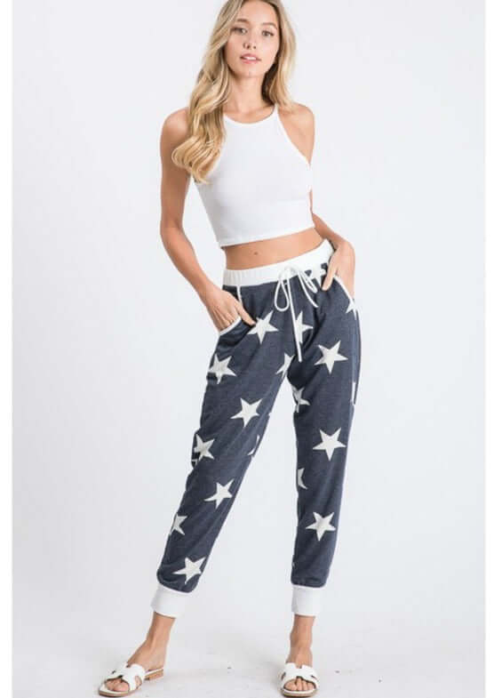 USA Made Ladies Star Print Soft & Cozy Loungewear Joggers in Navy with Off White Stars | Classy Cozy Cool Women's Made in America Clothing Boutique