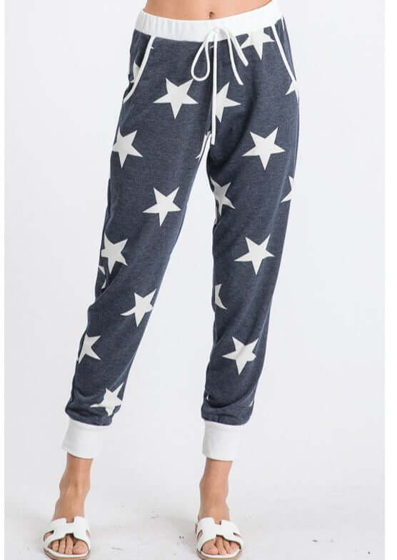 USA Made Ladies Star Print Soft & Cozy Loungewear Joggers in Navy with Off White Stars | Classy Cozy Cool Women's Made in America Clothing Boutique