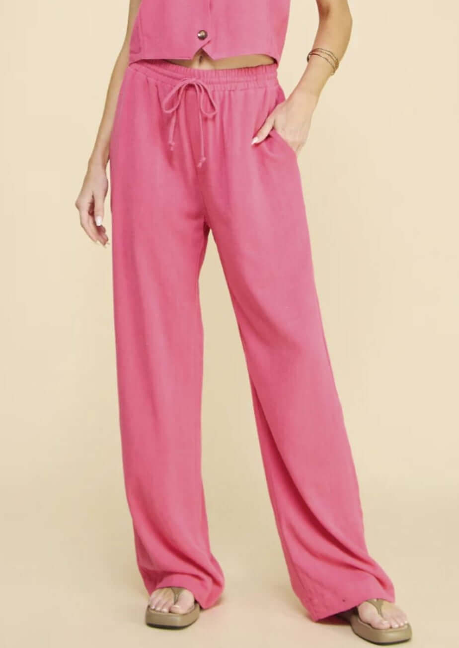 USA Made Linen Blend Bootcut Pants with Pockets in Fuchsia - Relaxed Fit Drawstring & Elastic Waist Side | Classy Cozy Cool Women's American Boutique