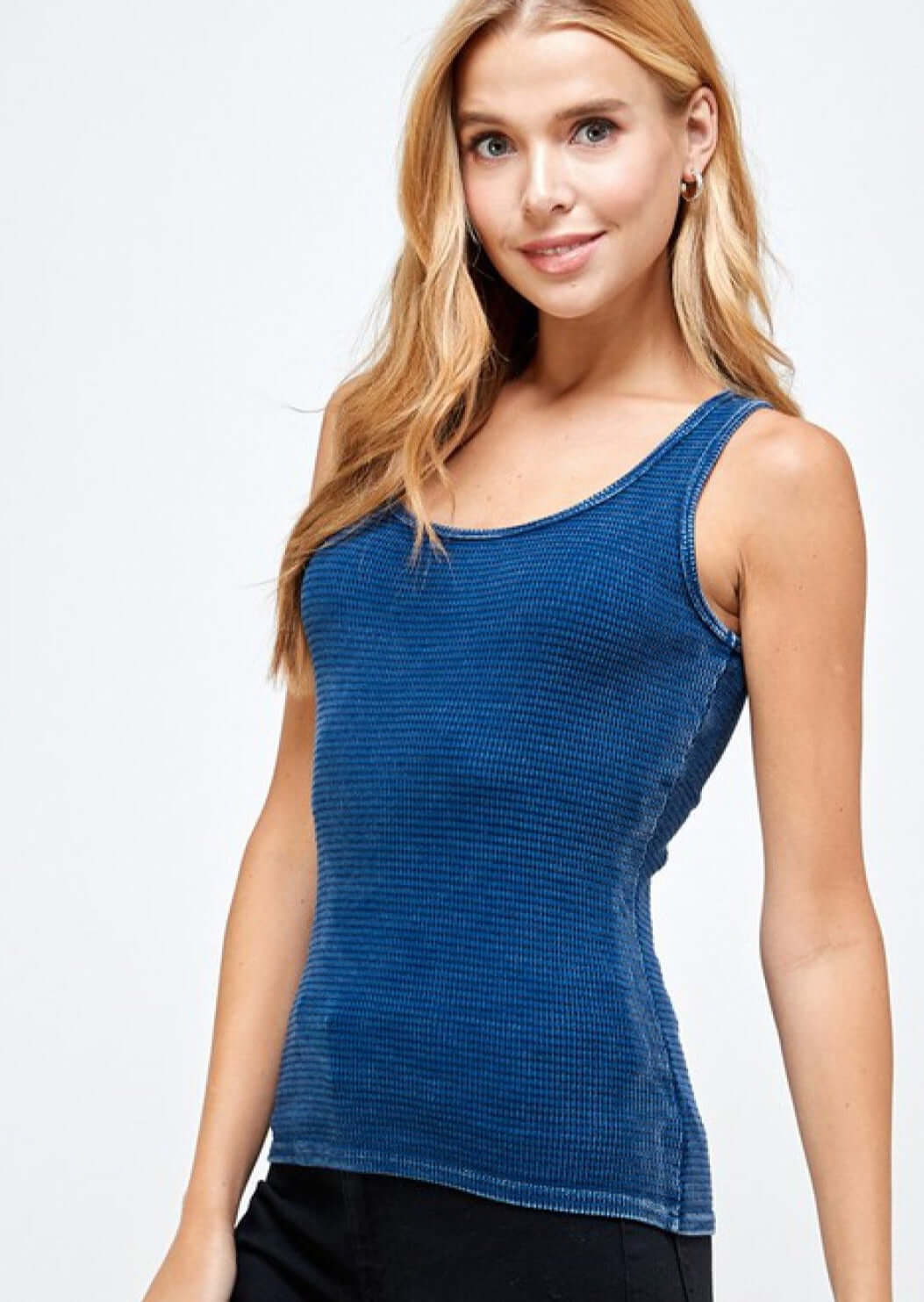 Made in USA Women's Scoop Neck Tank Textured Breathable Thicker Material Garment Washed Fabric Fitted Waist Length 100% Cotton in Blue 