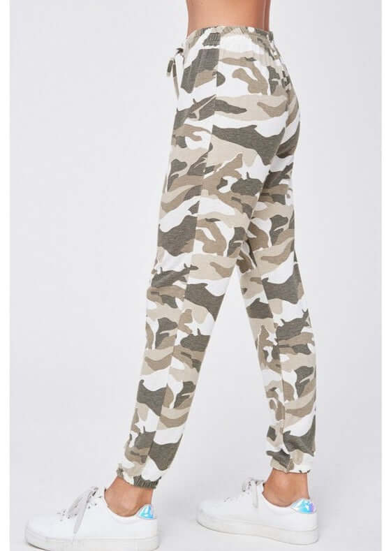 USA Made Ladies Super Soft Camo Loungewear with Jogger Style Lounge Pants | Color is this set: Army Green, Off White, Taupe  | Classy Cozy Cool Women's Made in America Clothing Boutique