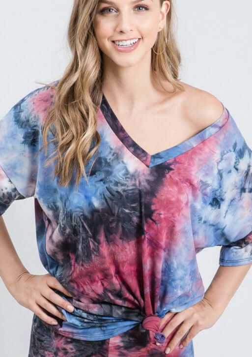 Made in USA Oversized Women's Multi Colored Super Soft Tie Dye Casual V-Neck Tee | Classy Cozy Cool Women's Made in America Clothing Boutique