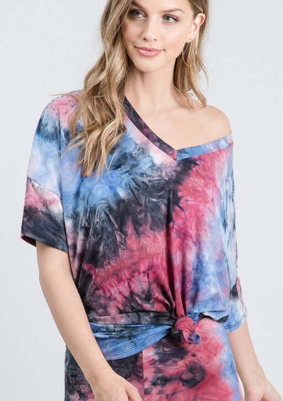 Made in USA Oversized Women's Multi Colored Super Soft Tie Dye Casual V-Neck Tee | Classy Cozy Cool Women's Made in America Clothing Boutique