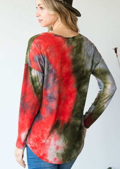 Made in USA Oversized Women's Multi Colored Super Soft Tie Dye Casual Long Sleeve V-Neck Tee | Classy Cozy Cool Women's Made in America Clothing Boutique