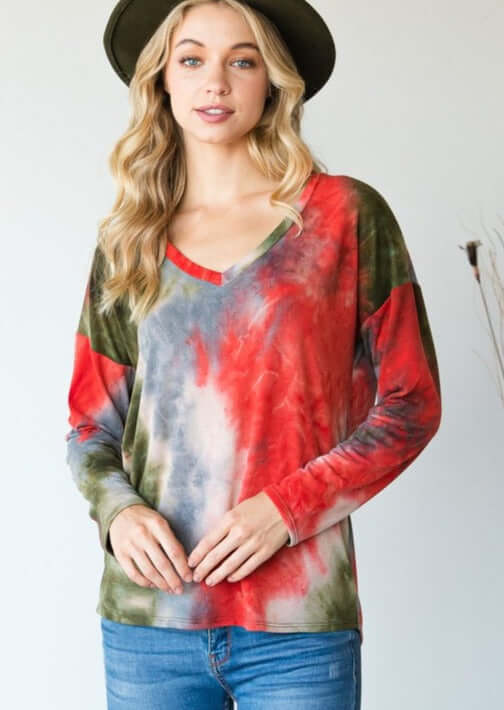 Made in USA Oversized Women's Multi Colored Super Soft Tie Dye Casual Long Sleeve V-Neck Tee | Classy Cozy Cool Women's Made in America Clothing Boutique