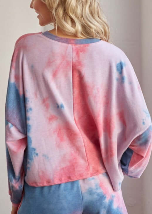 Ladies' Tie Dye Lounge Set with Cropped Long Sleeve Top & Drawstring Shorts in Red & Blue  Made in USA | Classy Cozy Cool Women's Made in America Clothing Boutique