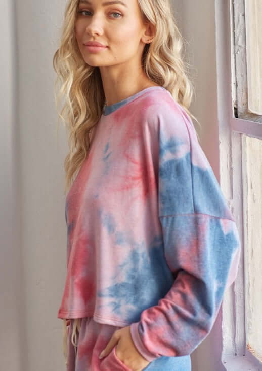 Ladies' Tie Dye Lounge Set with Cropped Long Sleeve Top & Drawstring Shorts in Red & Blue  Made in USA | Classy Cozy Cool Women's Made in America Clothing Boutique