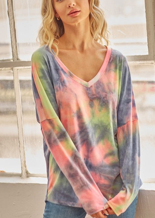 Ladies Tie Dye Drop Shoulder V-Neck Top - Lightweight and loose | Made in USA | Classy Cozy Cool Women's Made in America Clothing