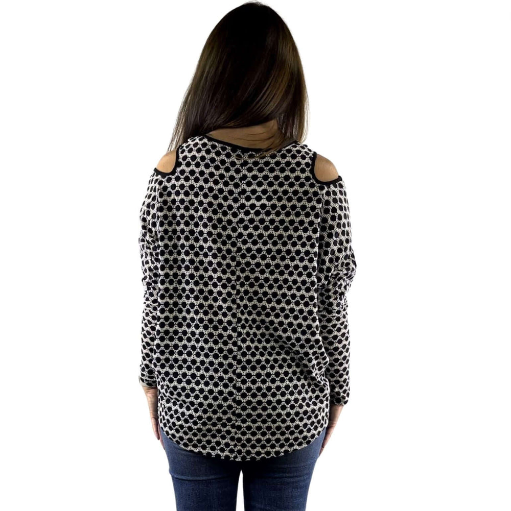 USA Made Ladies' Stylish Cold Shoulder Black & White Dolman Loosely Woven Dolman Top | Classy Cozy Cool Women's Made in America Clothing Boutique