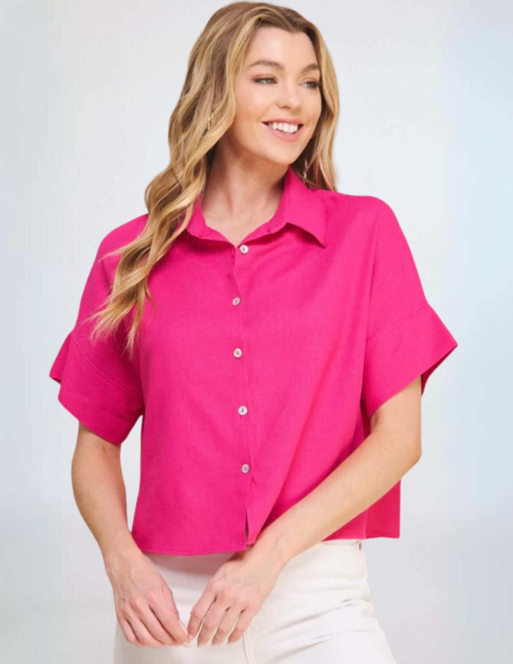 USA Made Women's Amari Linen Blend Button Down Short Sleeve Top in Fuchsia  | Classy Cozy Cool Made in America Clothing Boutique