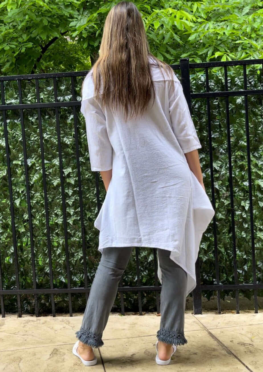 Made in USA Women's 100% Cotton Lightweight Asymmetrical Cowl Neck Long Line Tunic in White | Classy Cozy Cool Women's Made in America Boutique