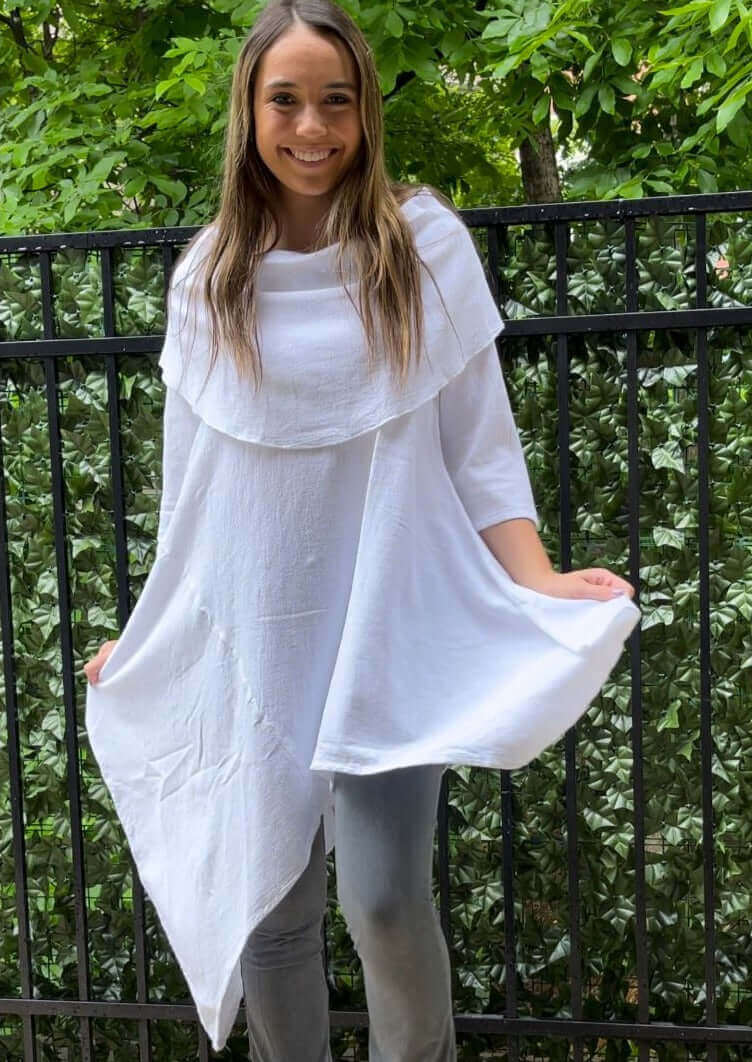 Made in USA Women's 100% Cotton Lightweight Asymmetrical Cowl Neck Long Line Tunic in White | Classy Cozy Cool Women's Made in America Boutique