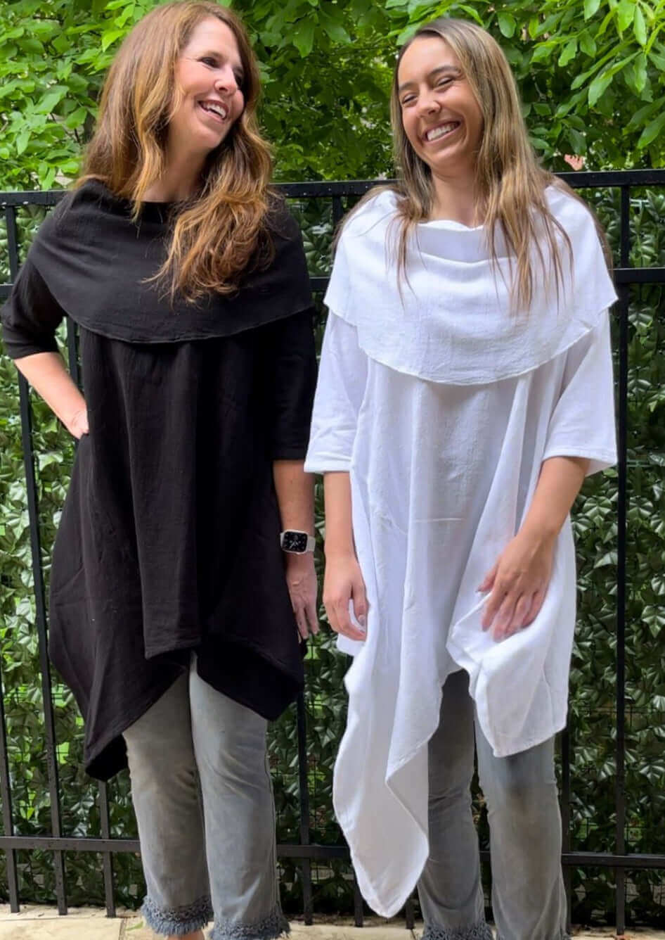 Made in USA Women's 100% Cotton Lightweight Asymmetrical Cowl Neck Long Line Tunic in Black or White | Classy Cozy Cool Women's Made in America Boutique