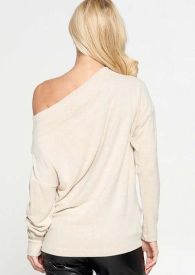 Women's Made in USA Relaxed Fit Super Soft Long Sleeve Cashmere Sweater Top in Oatmeal - Can be worn Off Shoulder or as Boat Neck | Renee C Style# 4097TP | Classy Cozy Cool Made in America Boutique