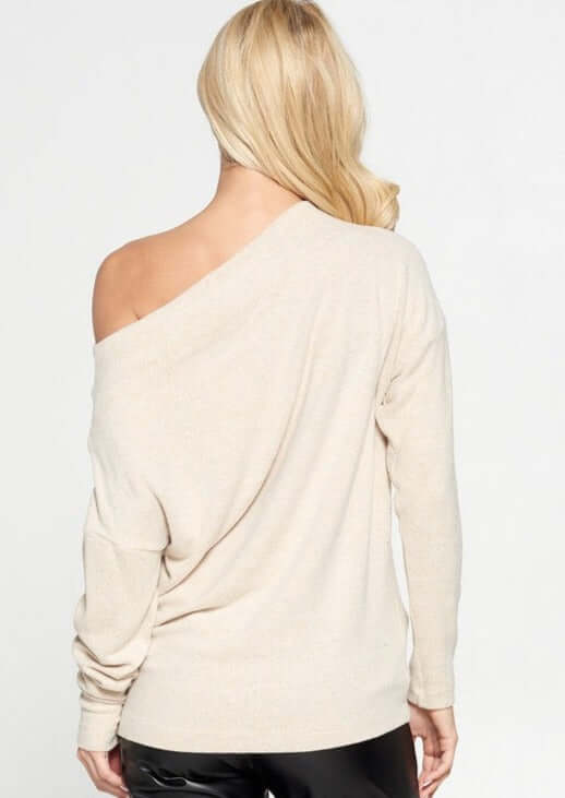 Made in USA Ladies' Plus Size Relaxed Fit Super Soft Long Sleeve Cashmere Feel Sweater Top in Oatmeal - Worn Off Shoulder or Boat Neck | Renee C Style# 4097TP | Made in America Women's Clothing Boutique