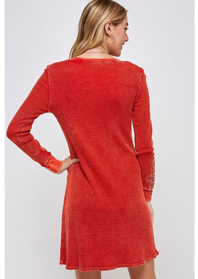 USA Made Ladies Vintage Textured Thermal Crochet Cuff Long Sleeve Cotton Blend Mini Dress in Tomato Red | Classy Cozy Cool Women's Made in America Clothing Boutique
