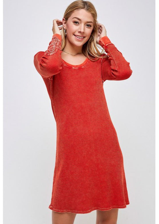 USA Made Ladies Vintage Textured Thermal Crochet Cuff Long Sleeve Cotton Blend Mini Dress in Tomato Red | Classy Cozy Cool Women's Made in America Clothing Boutique