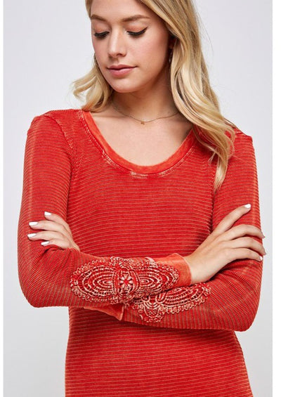 USA Made Ladies Vintage Textured Thermal Crochet Cuff Long Sleeve Cotton Blend Mini Dress in Tomato Red | Classy Cozy Cool Women's Made in America Clothing Boutique