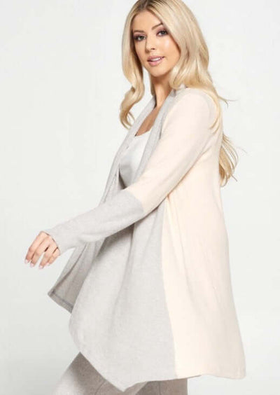USA Made Ladies Color Block Draped Open Front Cardigan in Pink & Grey | Renee C Style# 4152JK | Made in USA | Classy Cozy Cool Women's Made in America Clothing Boutique