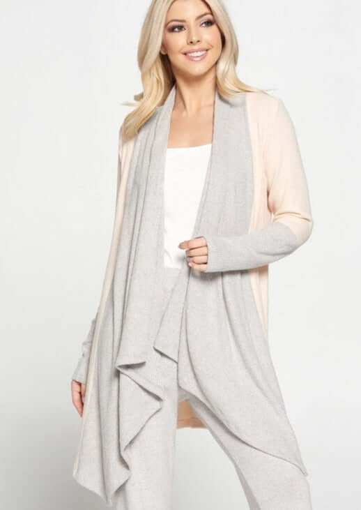 USA Made Ladies Color Block Draped Open Front Cardigan in Pink & Grey | Renee C Style# 4152JK | Made in USA | Classy Cozy Cool Women's Made in America Clothing Boutique