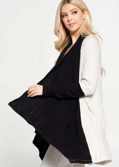USA Made Ladies Color Block Draped Open Front Cardigan in Black & Ivory | Renee C Style# 4152JK | Made in USA | Classy Cozy Cool Women's Made in America Clothing Boutique