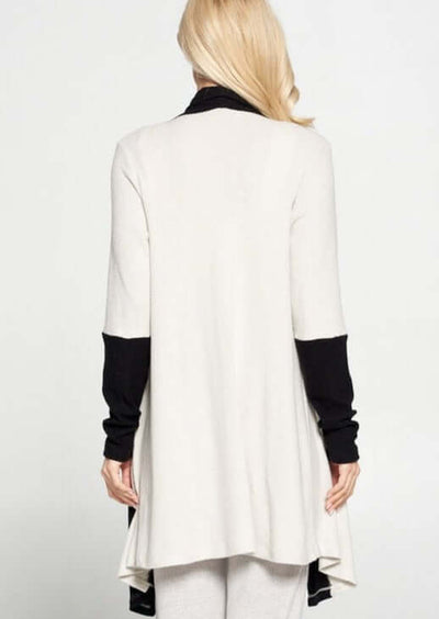 USA Made Ladies Color Block Draped Open Front Cardigan in Black & Ivory | Renee C Style# 4152JK | Made in USA | Classy Cozy Cool Women's Made in America Clothing Boutique