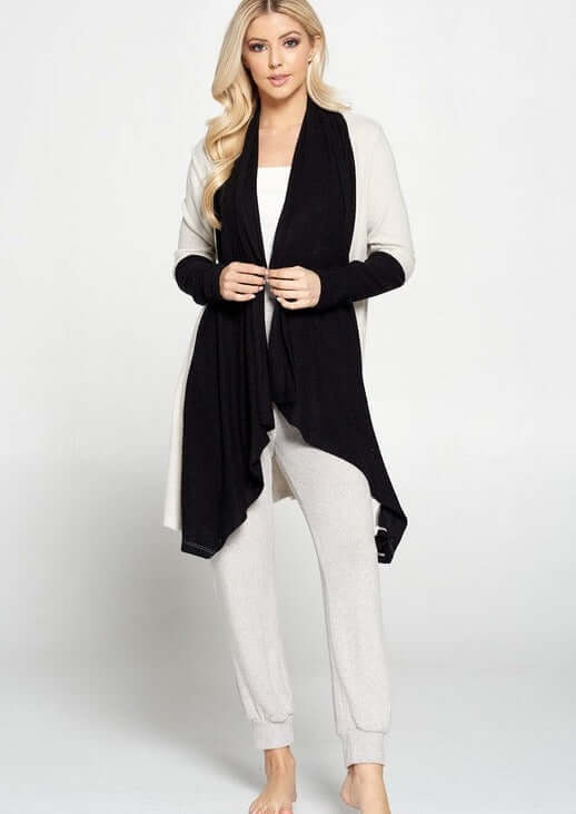 USA Made Ladies Color Block Draped Open Front Cardigan in Black & Ivory | Renee C Style# 4152JK | Made in USA | Classy Cozy Cool Women's Made in America Clothing Boutique