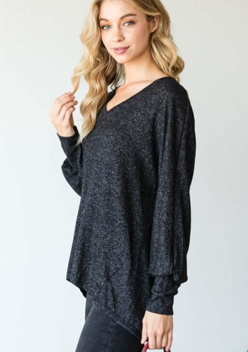 USA Made Soft & Stretchy Oversized Long Sleeve Women's V-Neck Top in 2-Tone Black | Classy Cozy Cool Women's Made in America Clothing Boutique