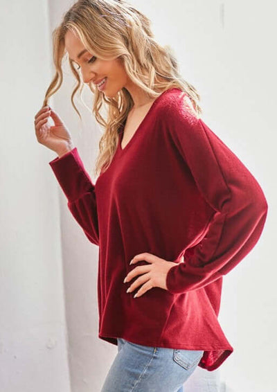 USA Made Soft & Stretchy Oversized Long Sleeve Women's V-Neck Top in Dark Red | Classy Cozy Cool Women's Made in America Clothing Boutique