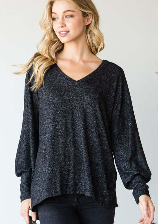 USA Made Soft & Stretchy Oversized Long Sleeve Women's V-Neck Top in 2-Tone Black | Classy Cozy Cool Women's Made in America Clothing Boutique