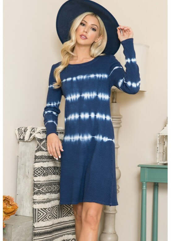 USA Made Ladies Navy & White Fit & Flare Striped Ribbed Tie Dye Long Sleeve Cotton Blend Dress | Classy Cozy Cool Women's Made in America Clothing Boutique