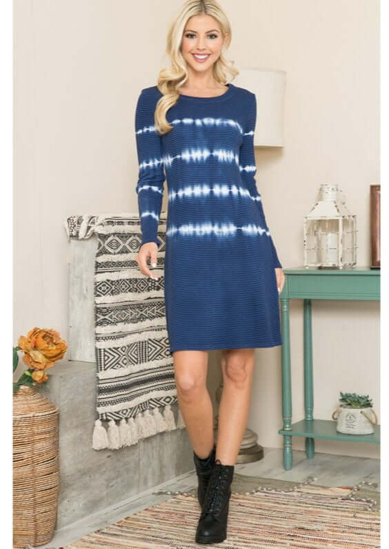 USA Made Ladies Navy & White Fit & Flare Striped Ribbed Tie Dye Long Sleeve Cotton Blend Dress | Classy Cozy Cool Women's Made in America Clothing Boutique