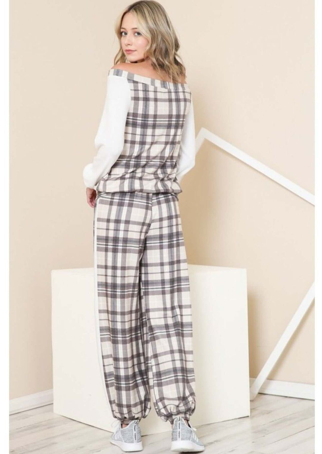 USA Made Women's Off the Shoulder Plaid Buttery Soft Brushed Hacci Pajama Set in Cream, Tan & Brown Plaid Design | Classy Cozy Cool Women's Made in America Boutique