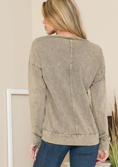 Ladies 100% Cotton Vintage Look Mineral Washed Raw Edge V-Neck Pullover in Vintage Taupe | Made in USA 
