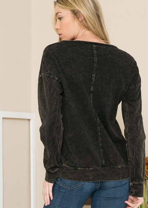 Ladies 100% Cotton Vintage Look Mineral Washed Raw Edge Pullover in Vintage Black | Made in USA 