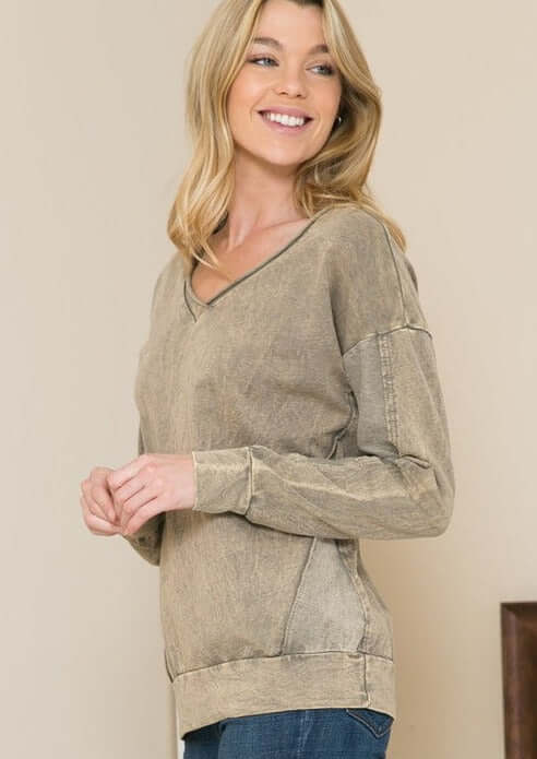 Ladies 100% Cotton Vintage Look Mineral Washed Raw Edge V-Neck Pullover in Vintage Taupe | Made in USA 