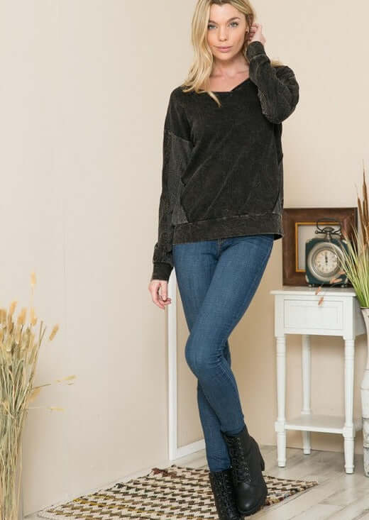 Ladies 100% Cotton Vintage Look Mineral Washed Raw Edge Pullover in Vintage Black | Made in USA 