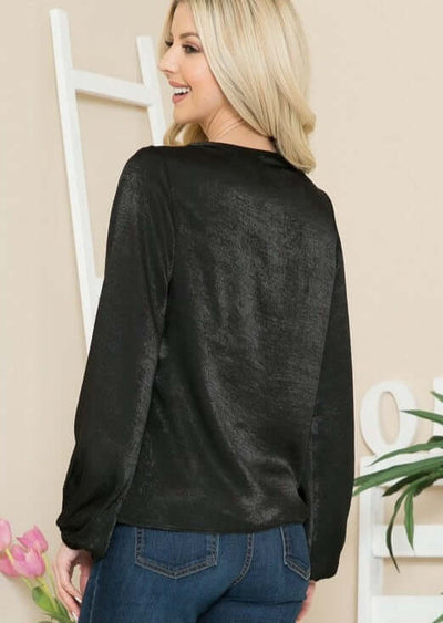 Made in USA Women's Relaxed Fit Beautiful Satin Cowl Neck Top in Black | Classy Cozy Cool Women's Made in America Clothing Boutique
