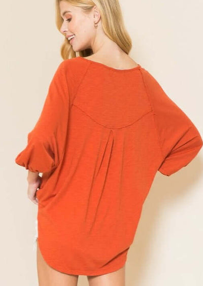 Ladies Oversized Fit Dolman Sleeve High Low Comfy Cotton Top in Tomato Red | Made in USA | American Able Style# 121504 | Classy Cozy Cool Women's Made in America Boutique