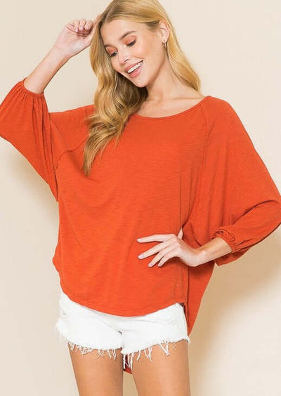 Ladies Oversized Fit Dolman Sleeve High Low Comfy Cotton Top in Tomato Red | Made in USA | American Able Style# 121504 | Classy Cozy Cool Women's Made in America Boutique