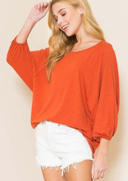 Ladies Oversized Fit Dolman Sleeve High Low Comfy Cotton Top in Tomato Red | Made in USA | American Able Style# 121504 | Classy Cozy Cool Women's Made in America Boutique