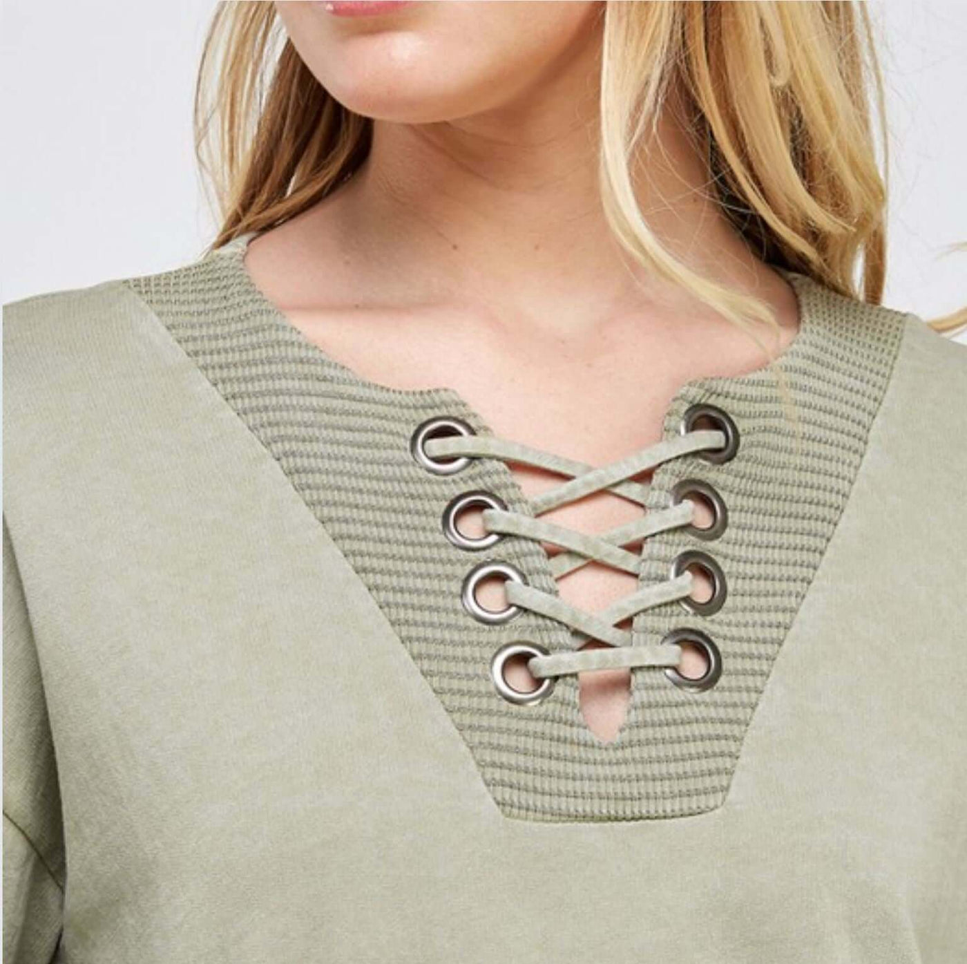 Light Sage Lace Up Cotton Grommet Detail Sweatshirt | Made in USA | Comfortable Well Made Cotton | Classy Cozy Cool American Women's Clothing Boutique