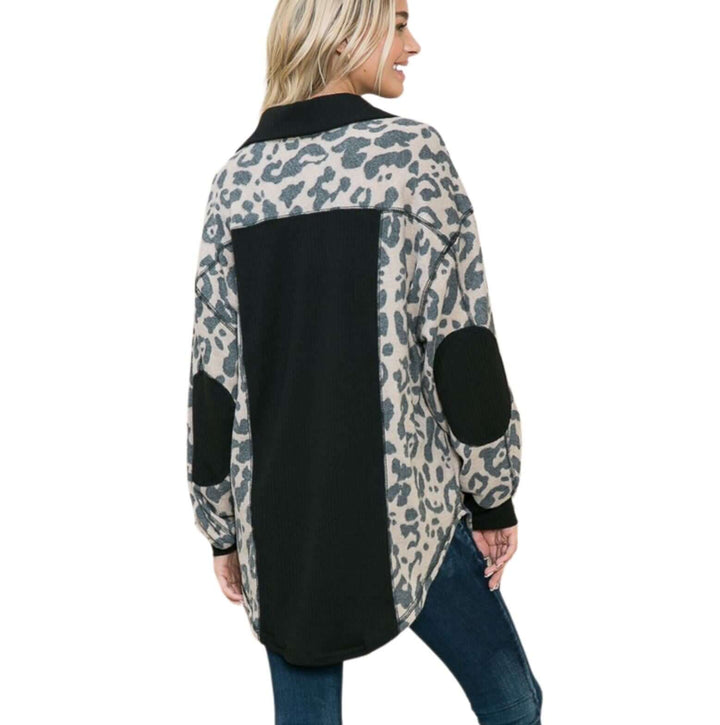 Tan & Black Ladies Leopard Print Super Soft Lightweight Soft Brushed Button Down Shirt Jacket with Color Block Detail in Made in USA | Women's American Made Boutique