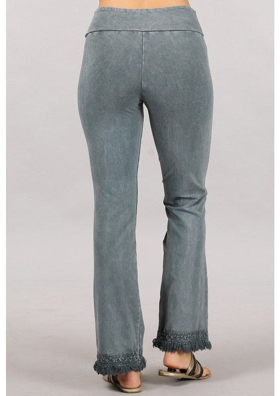 USA Made Ladies Mineral Washed Cropped Straight Leg Pants with Crochet Fringed Hem in Greyish Blue Denim | Chatoyant Style P30374 | Classy Cozy Cool Women's Made in America Clothing Boutique 
