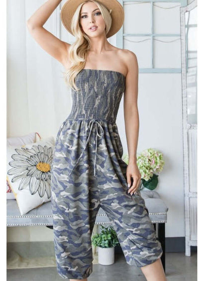 Ladies Smocked Bandeau Camo Print Tube Top jumpsuit with Pockets  | Made in USA | Classy Cozy Cool Women's Made in America Boutique